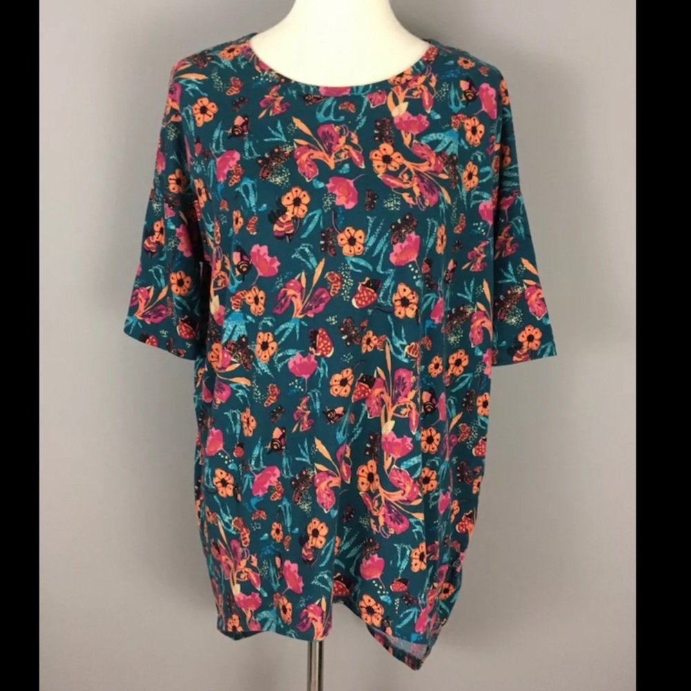 Lularoe Irma Tunic Top XS Aqua Green Floral Butterfly Print $35 Hi-Low Curved